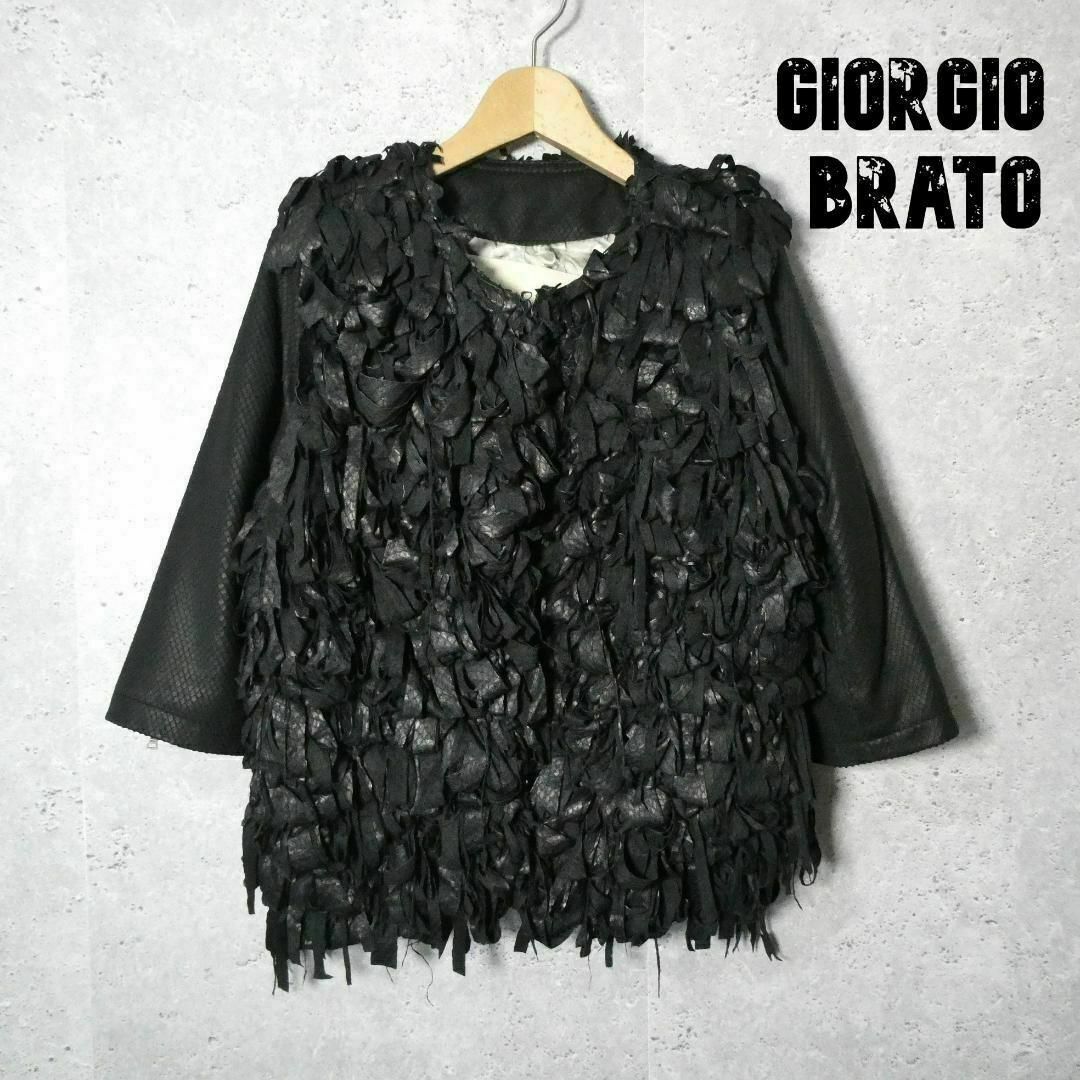 GIORGIO BRATO(ジョルジオブラット)の美品 GIORGIO BRATO レザー 七分袖 ノーカラージャケット レディースのジャケット/アウター(ブルゾン)の商品写真