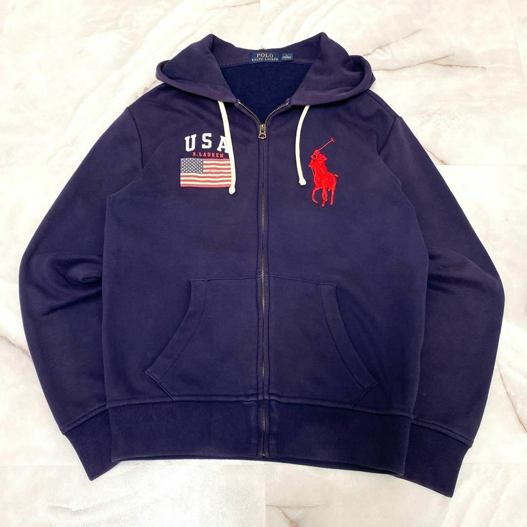 POLO RALPH LAUREN(ポロラルフローレン)のA12082 ポロラルフローレン　ビッグポニー&星条旗ジップアップパーカー　紺S メンズのトップス(パーカー)の商品写真