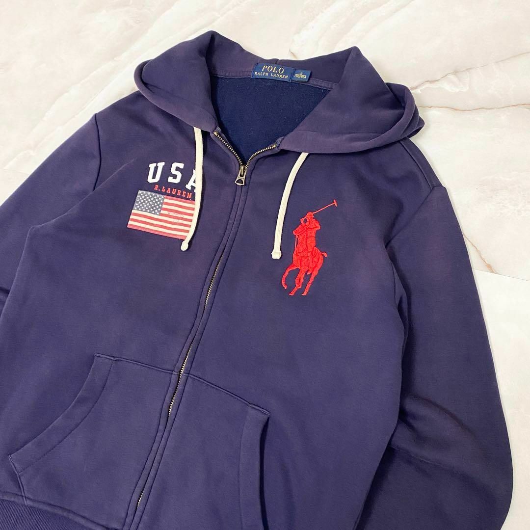 POLO RALPH LAUREN(ポロラルフローレン)のA12082 ポロラルフローレン　ビッグポニー&星条旗ジップアップパーカー　紺S メンズのトップス(パーカー)の商品写真