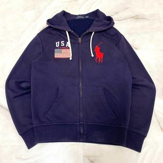 ポロラルフローレン(POLO RALPH LAUREN)のA12082 ポロラルフローレン　ビッグポニー&星条旗ジップアップパーカー　紺S(パーカー)