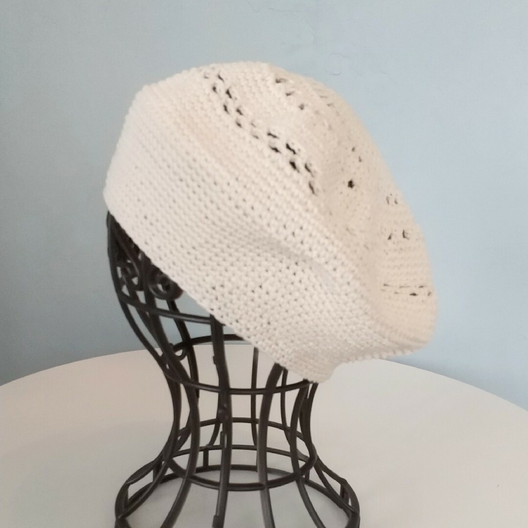 サマーニットベレー-オフホワイト ハンドメイドのファッション小物(帽子)の商品写真