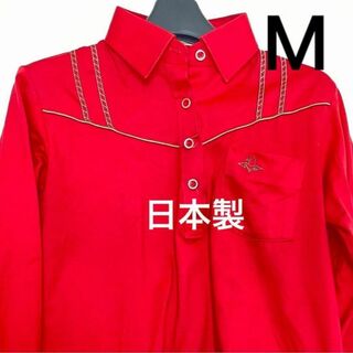 ヴィンテージ(VINTAGE)の日本製 ワンポイント ロゴ 刺繍 入り シャツ M レッド 赤 無地 長袖(ウエア)