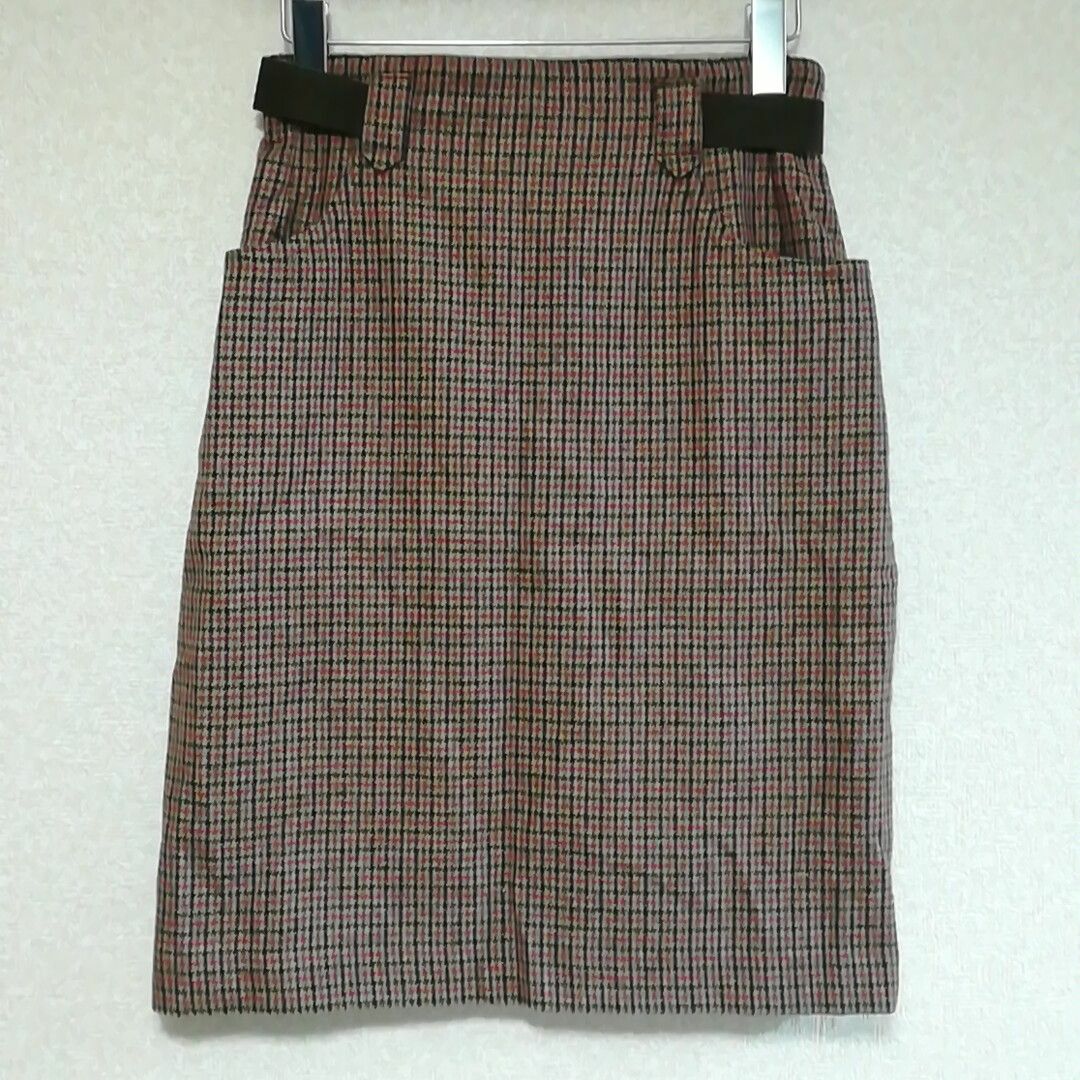 CREAM　チェックスカート　タイト　ウール　茶系　Lサイズ　国産品✓1225 レディースのスカート(ひざ丈スカート)の商品写真