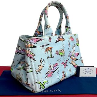 プラダ(PRADA)の極 美品 希少品 PRADA プラダ 三角ロゴ カナパ サーフィン 柄 キャンバス ハンドバッグ トートバッグ ブルー マルチカラー 25905(ハンドバッグ)