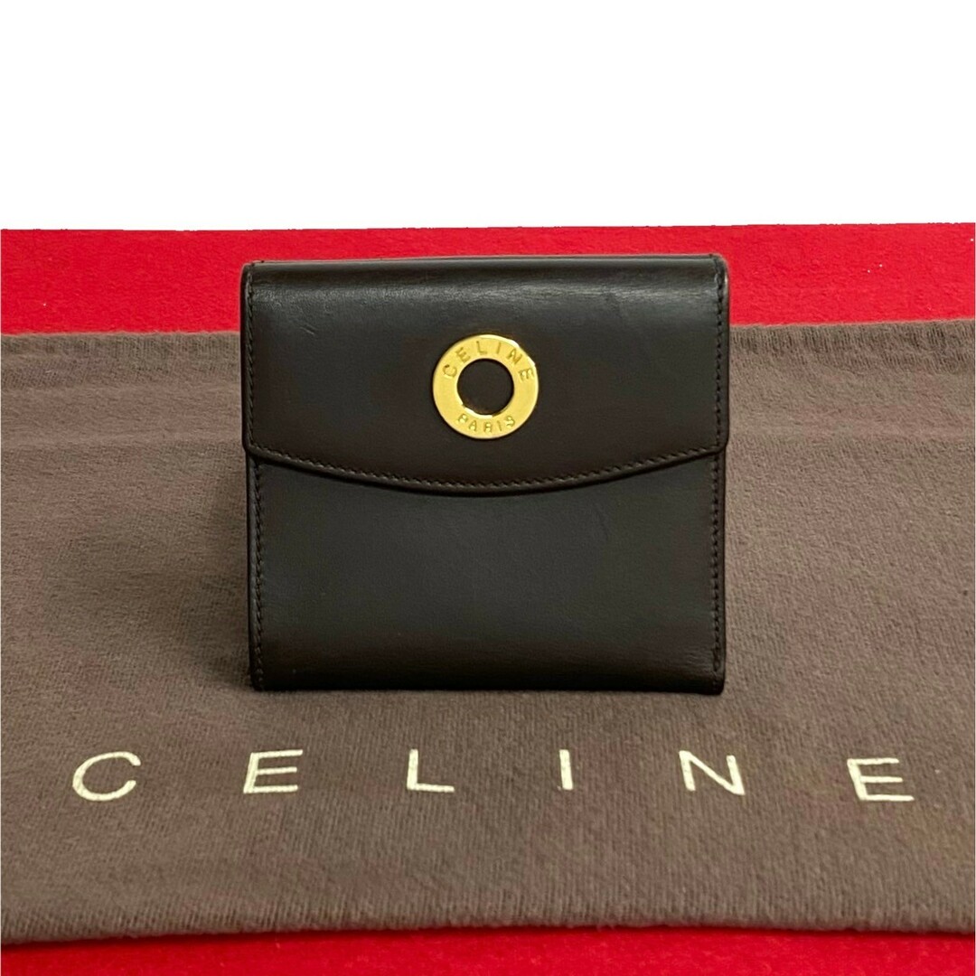 celine(セリーヌ)の極 美品 CELINE セリーヌ ヴィンテージ サークルロゴ 金具 カーフ レザー 本革 Wホック 二つ折り財布 ミニ ウォレット ブラウン 茶 03104 レディースのファッション小物(財布)の商品写真