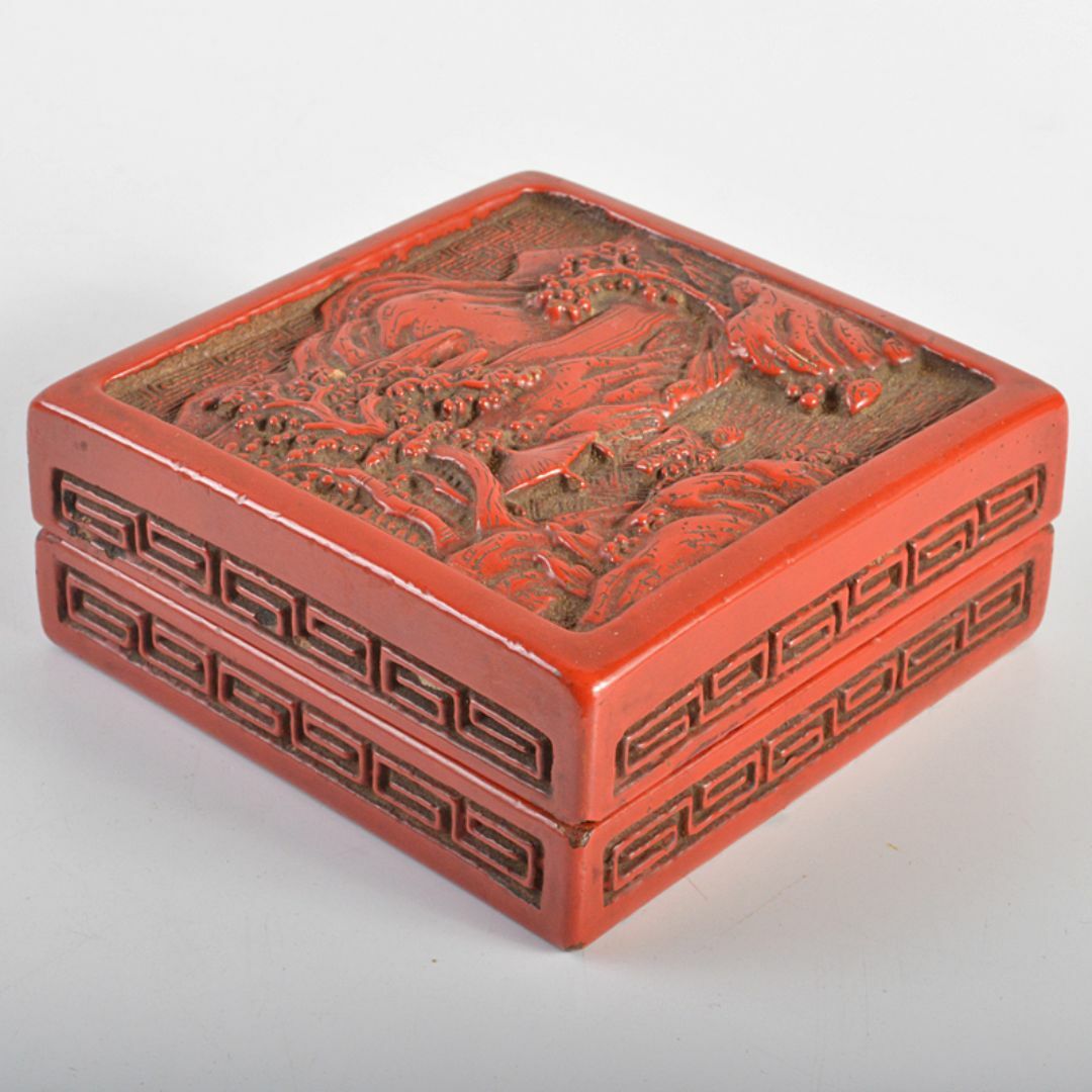 中国 剔紅 堆朱 山水文 四方香合 合わせ箱 M R7056 中国 剔紅 堆朱 山水文 四方香合 合わせ箱 M R7056