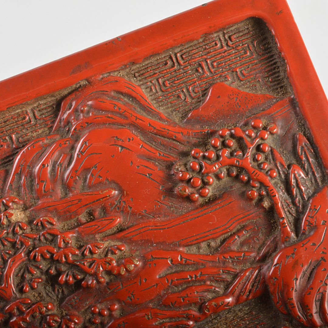 中国 剔紅 堆朱 山水文 四方香合 合わせ箱 M R7056 中国 剔紅 堆朱 山水文 四方香合 合わせ箱 M R7056