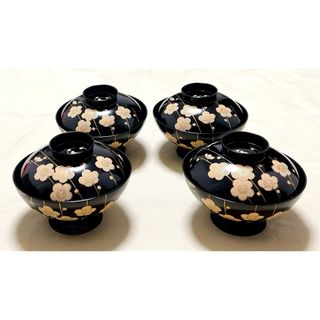 新品　漆器　白梅　四・三小槌型　御吸椀　お椀4客(漆芸)