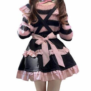 【色: ブラック＋ピンク】[ＸＨＳＵＫＡＤＯ] 地雷系 スカート かわいい リボ(その他)