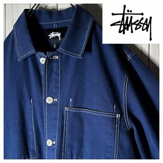 ステューシー(STUSSY)の【良品 M】ステューシー ダブルニー キャンバス ショップ ジャケット 紺(カバーオール)