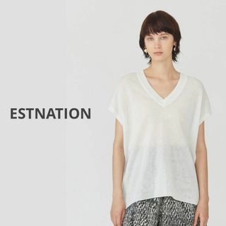 エストネーション(ESTNATION)の定価1.8万円　美品　エストネーション　オーガンジーVネックニット　ホワイト(ニット/セーター)