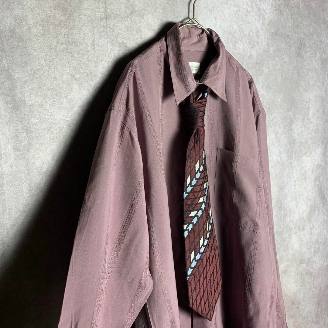 【ネクタイシャツ　シルク　ストライプ　くすみカラー　テロ感　紫　古着】 メンズのトップス(シャツ)の商品写真