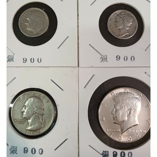 銀貨　アメリカケネディハーフダラー銀貨 他silver900銀貨合わせて合計４枚(金属工芸)