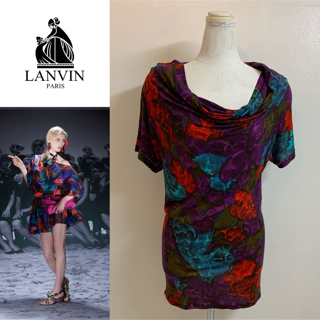 LANVIN(ランバン)のLANVIN PARIS 2010s エルバス期 ドレープ 花柄 半袖チュニック レディースのトップス(カットソー(半袖/袖なし))の商品写真