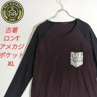 古着 ロンT アメカジ ポケット ラグラン 黒 臙脂(Tシャツ/カットソー(七分/長袖))