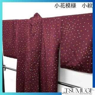 未着用　小紋　小花　ワインレッド　着物　033w(その他)