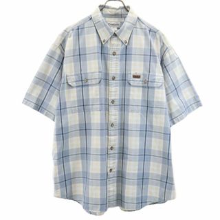 カーハート チェック 半袖 ボタンダウンシャツ XL ブルー系 Carhartt メンズ 古着 【240408】