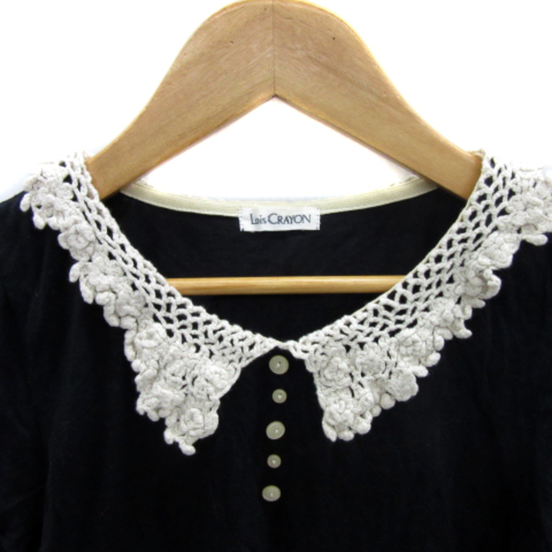 Lois CRAYON(ロイスクレヨン)のロイスクレヨン Tシャツ カットソー 半袖 レース衿付き M 黒 白 レディースのトップス(Tシャツ(半袖/袖なし))の商品写真