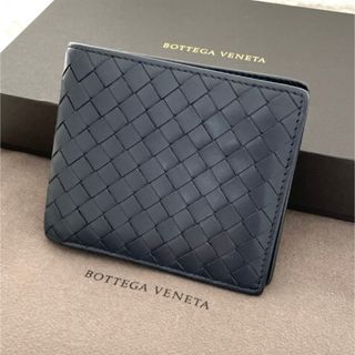 ボッテガヴェネタ(Bottega Veneta)の美品★ボッテガヴェネタ イントレチャート 二つ折り財布 ネイビー 紺 レザー(折り財布)