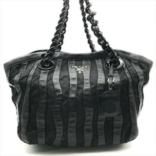 プラダ(PRADA)の美品 PRADA プラダ ロゴ金具 ナイロン レザー プラチェーン ショルダー バッグ ブラック a3145(トートバッグ)