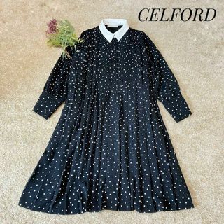 CELFORD - CELFORD Aライン シャツ ドット ワンピース プリーツ ブラック 36