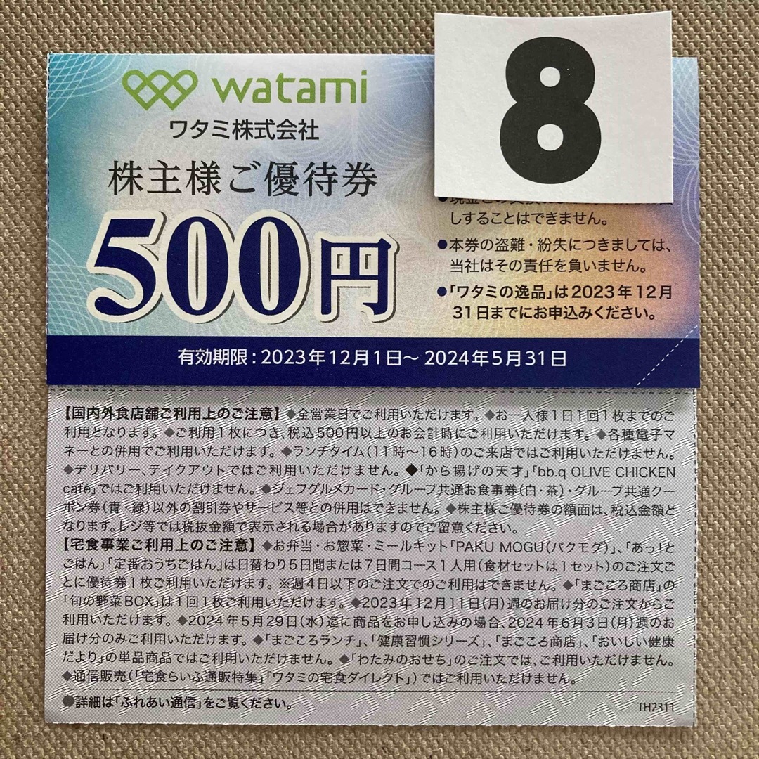 ワタミ　株主優待　4000円分 チケットの優待券/割引券(その他)の商品写真