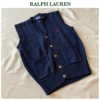 Ralph Lauren - ビンテージ ポロ ラルフローレン ロゴ Vネック コットン ニット ベスト 紺