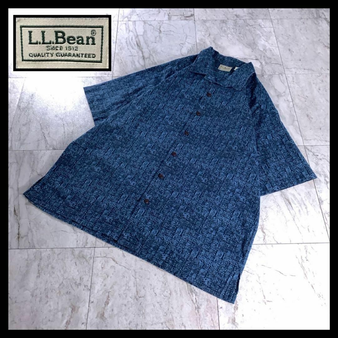 L.L.Bean(エルエルビーン)の00s L.L.Bean オープンカラー 開襟 総柄 アロハ シャツ 半袖 青 メンズのトップス(シャツ)の商品写真