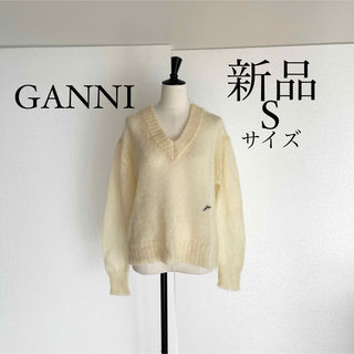 GANNI ガニー　ロゴ入り Vネックニット　トップス　S/M オフホワイト(ニット/セーター)