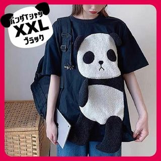 黒ブラック 2XL パンダＴシャツ  ビッグTシャツ オーバーサイズ レディース(Tシャツ(半袖/袖なし))