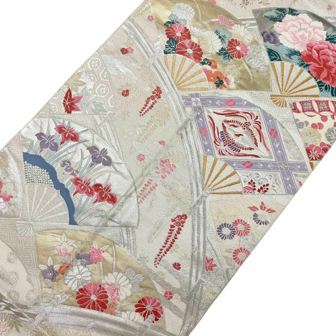 袋帯 唐織 銀通し 扇子に向鶴や牡丹や菊の花 フォーマル 着物 RO-5408 レディースの水着/浴衣(着物)の商品写真