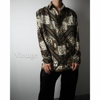 ヴィンテージ(VINTAGE)のボタニカル×幾何学柄 ボックスカット とろみ 長袖シャツ 比翼デザイン 90s(シャツ)