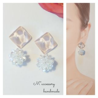 アクアピンク　フラワーボール　ハンドメイドピアス　イヤリング(ピアス)