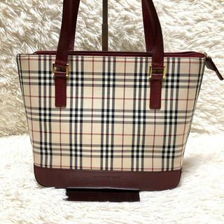 バーバリー(BURBERRY)の極美品　バーバリー　ノバチェック　ハンドバッグ　ボルドー　キャンバス　レザー(トートバッグ)