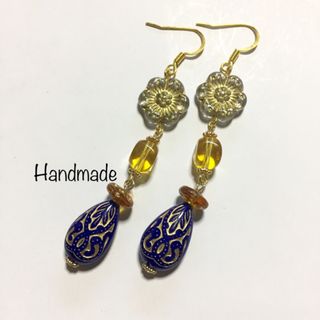 花×四角×青い雫 ピアス イヤリング(ピアス)