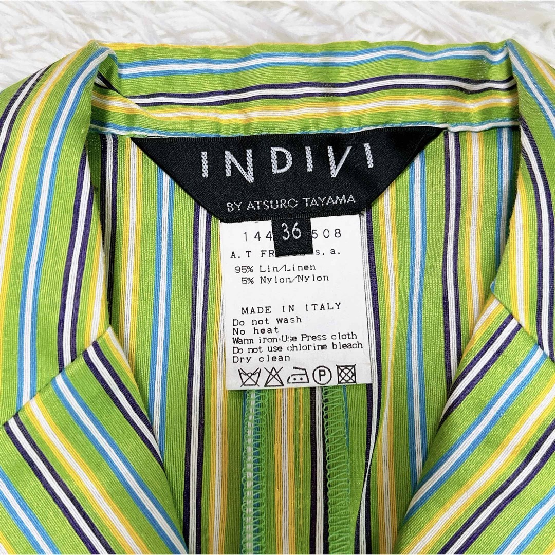 INDIVI(インディヴィ)のINDIVI 半袖 ワンピース ストライプ グリーン 麻素材 春 夏 レディースのワンピース(ひざ丈ワンピース)の商品写真