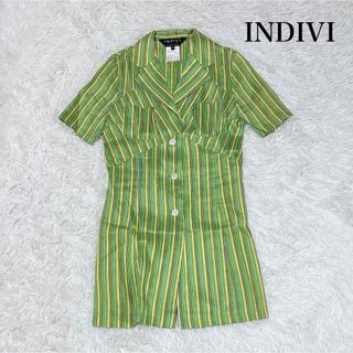 INDIVI - INDIVI 半袖 ワンピース ストライプ グリーン 麻素材 春 夏