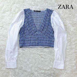 ザラ(ZARA)のZARA 高見え 大人気 ショート丈 ブルー ツイード 長袖シャツ 白 春服(シャツ/ブラウス(長袖/七分))