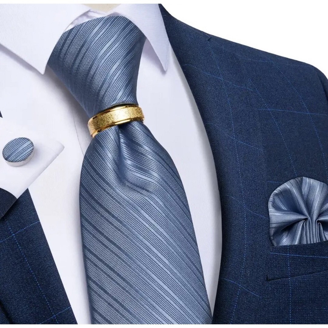 【4点セット】ネクタイストライプ結婚式リング父の日水色青ブルー金ゴールド メンズのファッション小物(ネクタイ)の商品写真