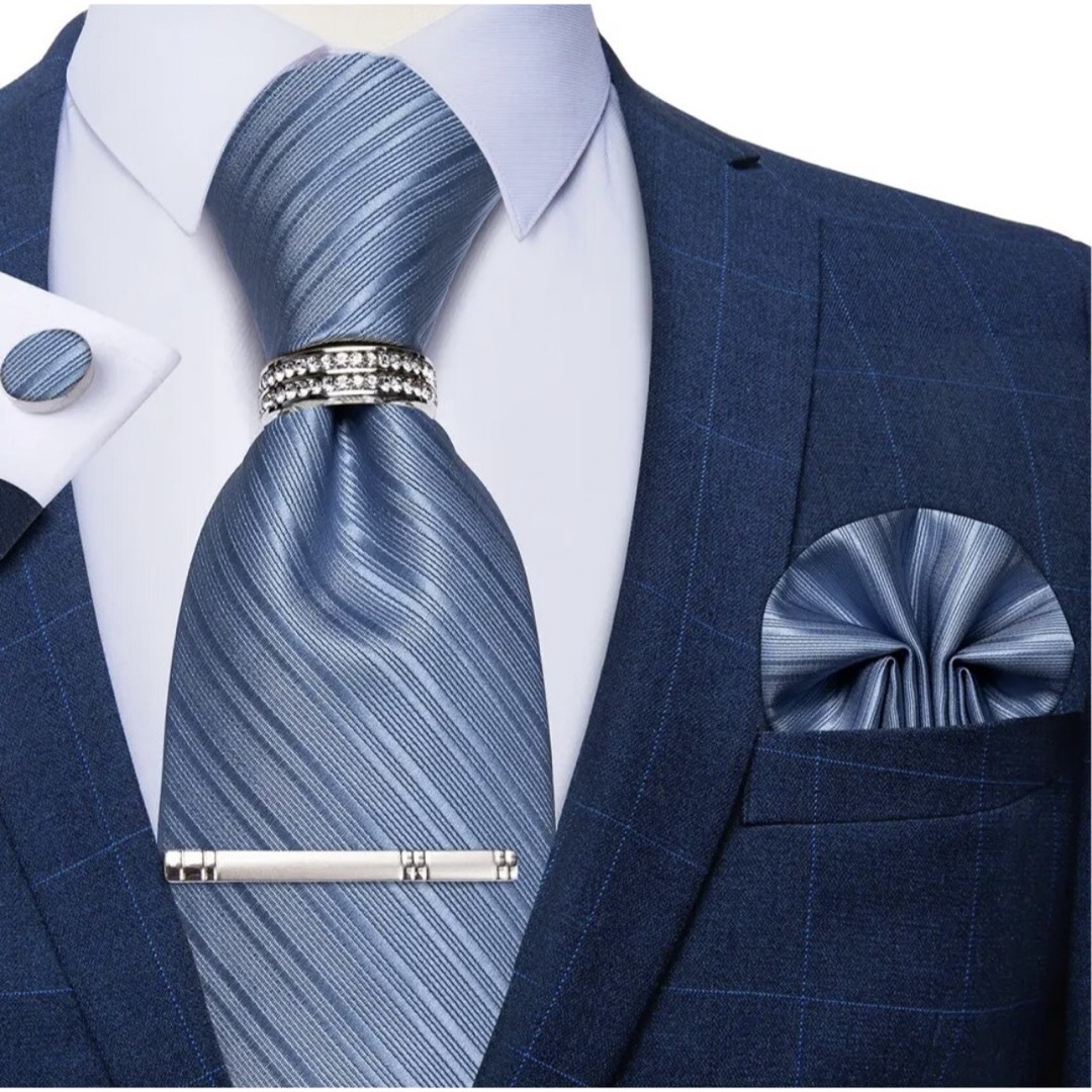 【5点セット】ネクタイペイズリーストライプ結婚式父の日青ブルー銀シルバー メンズのファッション小物(ネクタイ)の商品写真