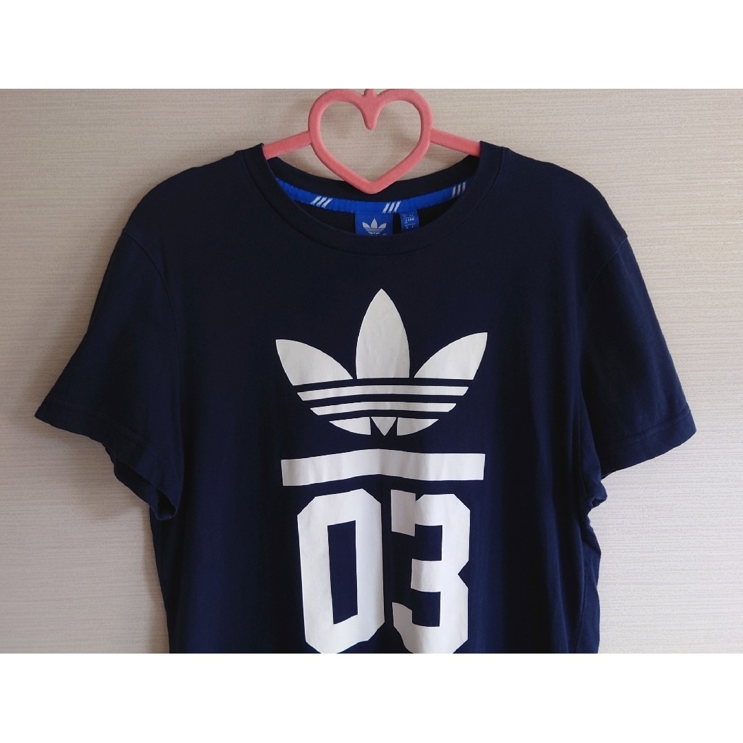 adidas(アディダス)のadidas アディダス ロゴ入り 半袖 Tシャツ カットソー ネイビー 白 M レディースのトップス(Tシャツ(半袖/袖なし))の商品写真