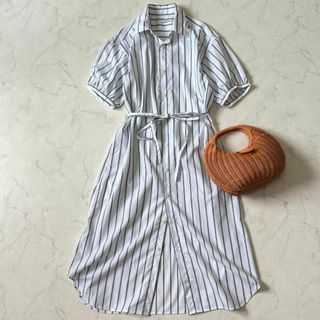 ビューティアンドユースユナイテッドアローズ(BEAUTY&YOUTH UNITED ARROWS)の美品♪BY ビューティー&ユース 半袖シャツワンピース ストライプ 紺白 gi3(ロングワンピース/マキシワンピース)