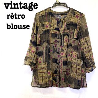 サンタモニカ(Santa Monica)の美品【 vintage 】 アート柄シャツ ノーカラーシャツ　シアーシャツ(シャツ/ブラウス(長袖/七分))