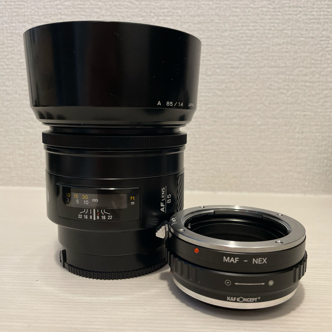 KONICA MINOLTA(コニカミノルタ)のMINOLTA 85mm F1.4 I ＋Eマウント変換アダプター付き スマホ/家電/カメラのカメラ(レンズ(単焦点))の商品写真