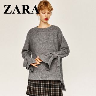 ザラ(ZARA)のZARA ザラ フレア袖 リボン ニット グレー(ニット/セーター)