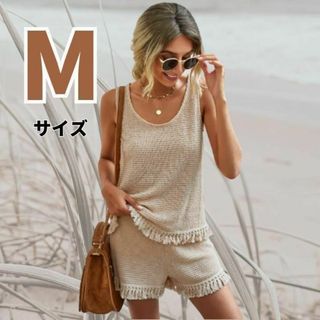 セットアップ フリンジ 上下セット タンクトップ ショートパンツ アイボリー M(セット/コーデ)