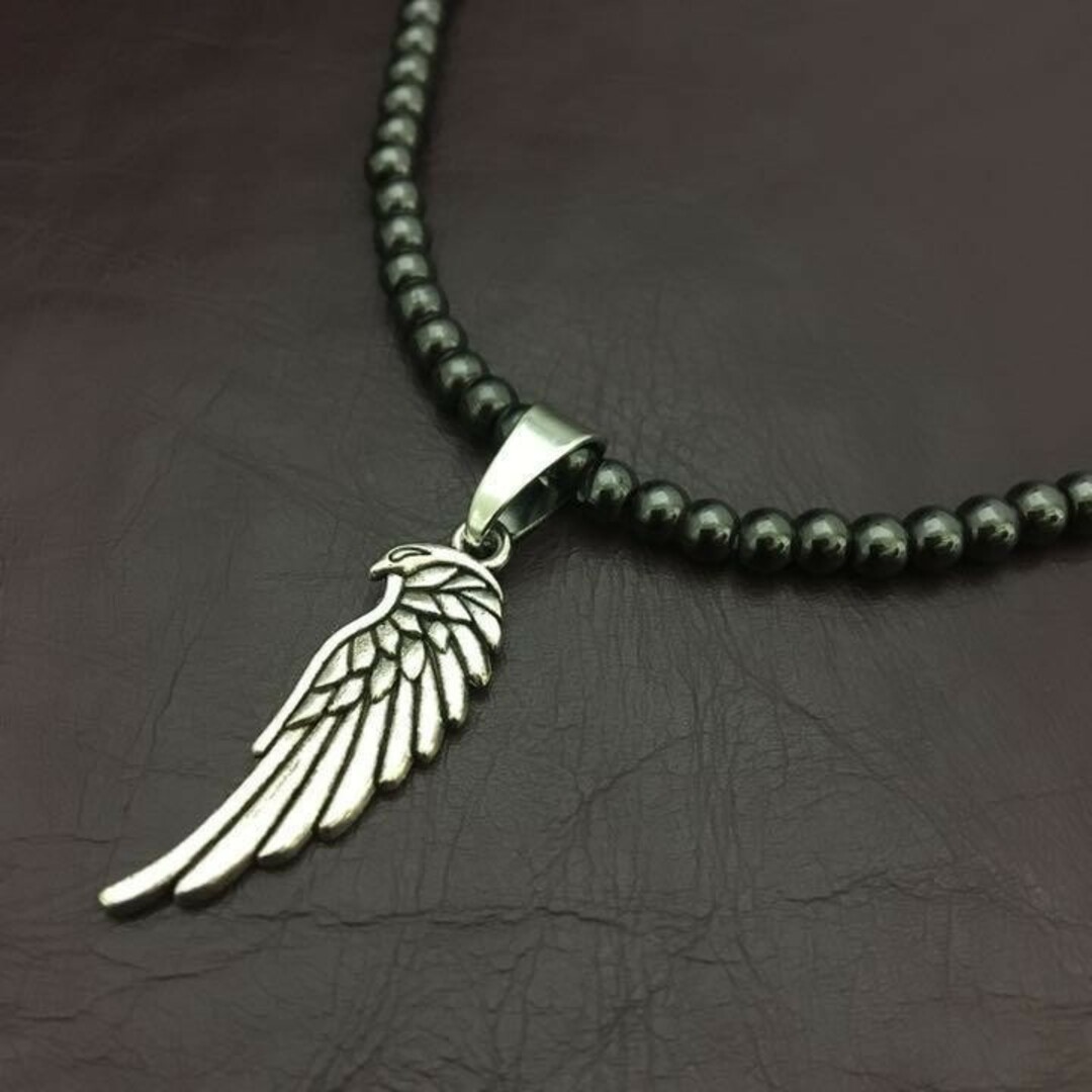 シルバー フェザーウイング お洒落ヘマタイト磁気ネックレス 肩こり 健康 羽 翼 メンズのアクセサリー(ネックレス)の商品写真