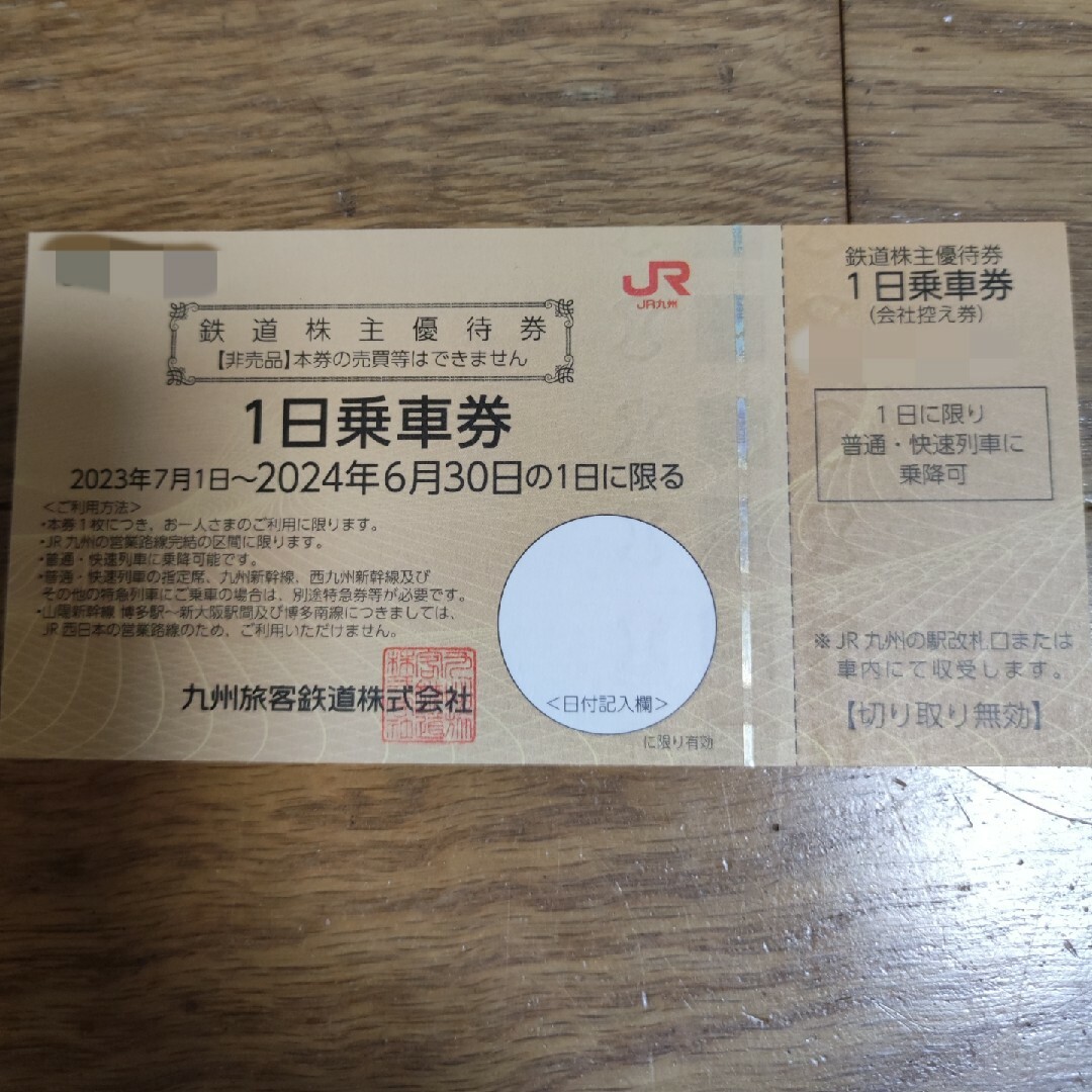 JR九州　鉄道株主優待券　１日乗車券（24年6月期限） チケットの乗車券/交通券(鉄道乗車券)の商品写真