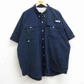 コロンビア(Columbia)のXL★古着 コロンビア COLUMBIA 半袖 フィッシング シャツ メンズ PFG 大きいサイズ ロング丈 ボタンダウン 紺 ネイビー 内側メッシュ 24apr08 中古 トップス(シャツ)