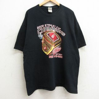 チャンピオン(Champion)のXL★古着 半袖 ビンテージ Tシャツ メンズ 00年代 00s NHL デトロイトレッドウィングス チャンピオンリング 大きいサイズ コットン クルーネック 黒 ブラック アイスホッケー 24apr08 中古(Tシャツ/カットソー(半袖/袖なし))